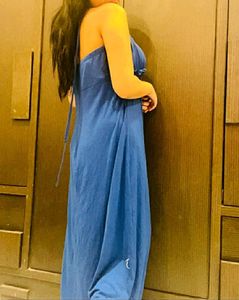 Blue Ruffle Trim Maxi Dress
