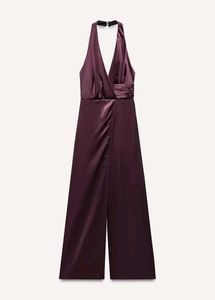 ZARA Halterneck Satin Jumpsuit - Brinjal Color