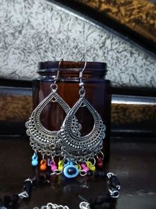 Silver Boho Earrings And A Free Evil Eye Bracelet