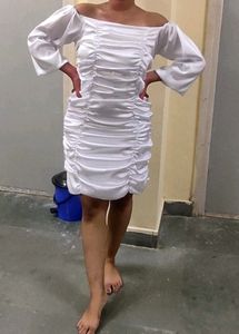 White Satin Smocked Bodycon Dress. Western Outfit/Party Wear.