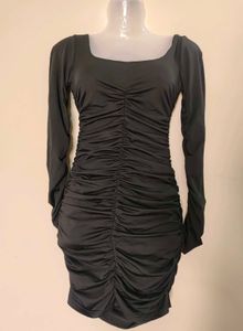 Ruched Bodycon Dress - Long Sleeve, Black