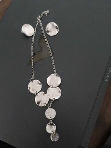 Silver Y Shape Coin Necklace Set With Earrings