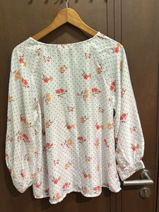 Soft White Floral Blouse with Polka Dots