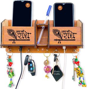Jay Shree Radha Krishna With 2 Pocket Mobile Holder .pen Stand Wood Holder (8 Hooks Brown)