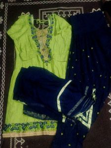 Lime Green & Navy Embroidered Salwar Kameez