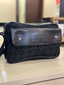 Auth Moschino Black Leather Messenger Bag