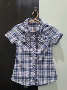 Blue Plaid Short Sleeve Shirt For Women