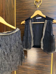 Zara Fringed Embellished Vest Check description