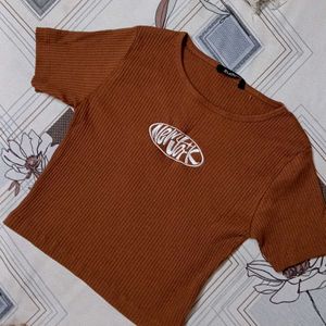 Brown Ribbed Crop Top
