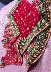 Cherry Red &amp; Green  Embroidered Lehnga With Dupatt