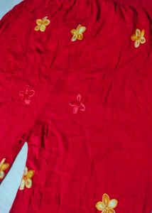 Bright Red Floral Embroidered Cotton Pants – Free