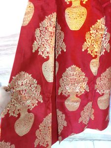 Red Cut Slit Kurta With Golden Lehnga