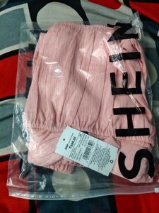 Off-Shoulder Textured Peach Crop Top with Skirt