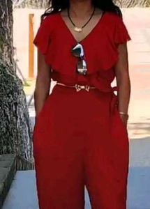 Red V-Neck Jumpsuit