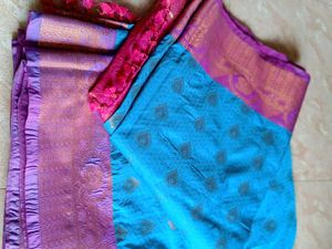 Blue Saree With Pink Border