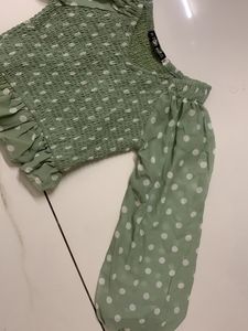 Ruched Stretchable Crop Top With Bell Sleeves In Sage Green Colour