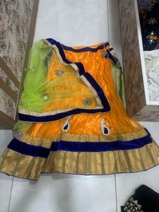 Vibrant Golden Blouse &amp; Green Orange Ethnic Set