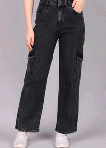 Wide Leg Black Denim Cargo Jeans