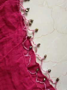 Red Bandhani Dupatta With Beaded Tassel &amp; Ghungru