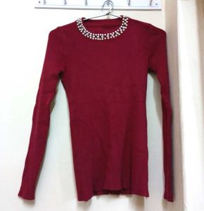 Red Knit Top with Pearls