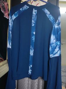 Pretty Navy Blue Floral Bell Sleeves Top