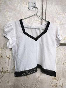 White Loose Fit Crop Top With Lace Hem