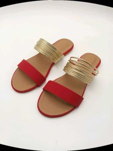 Red And Gold Flat Sandals.