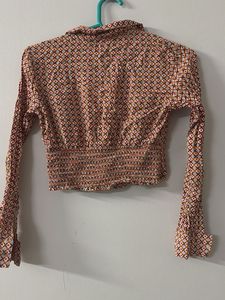 Printed Lapel Collar Crop Shirt