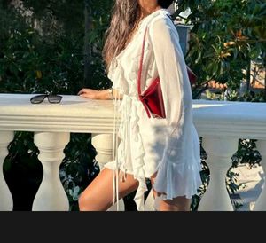 White Plunge Neck Ruffle Top