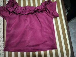 Burgundy Ribbed Off-Shoulder Top
