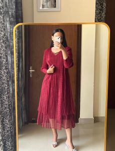 Burgundy Dress with Sheer Polka Dot Layers