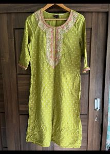 Lime green Silk Yoke embroidered kurta