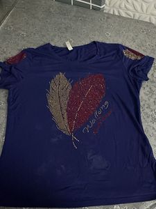 Navy Blue Feather Embellished Tee