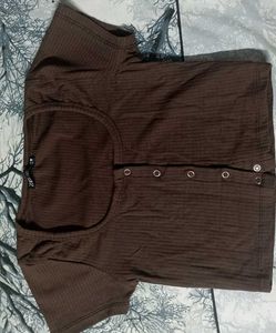 Brown Ribbed Button-Up Crop Top