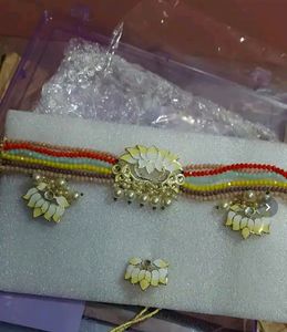 Yellow Lotus Meenakari Choker Earrings Ring Set