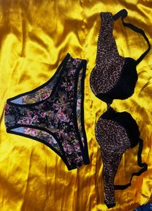 Black net panty with animal print soft padded bra