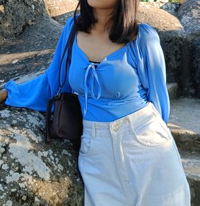 Blue Padded Puff Sleeve Top