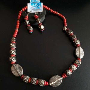 Bohemian Red & Silver Tone Beaded Jewelry Set