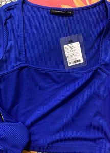 Blue Square Neck Long Sleeves Slim Fit Crop Top