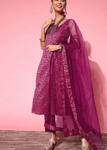 Inddus Magenta Embroidered Kurta Set