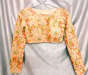 Cream Full Sleeves Embroidery Lehenga Choli