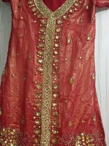 Red &amp; Gold Embellished Dress Material