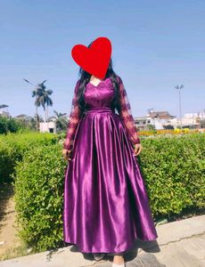 “Elegant Purple Silk Gown with Lace Sleeves