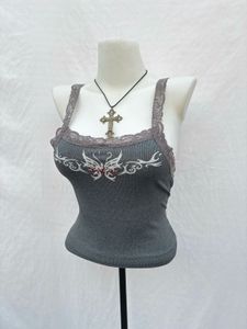 Grey Grunge Lace Trim Tank Top