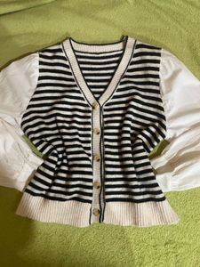 Striped Cardigan with Blouse Sleeves