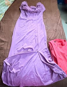 Pack Of Two Pink &amp; White Striped Dress+Violet Gown