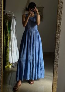 GOA PARIS Blue Linen Cotton Fit&amp;Flare MAXI