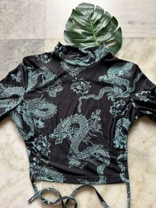 Dragon Print Turtleneck Crop Top