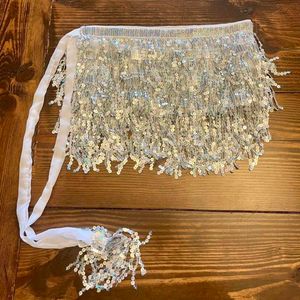 Cord Silver Fringe Belly Dance Hip Top Wrap Skirt