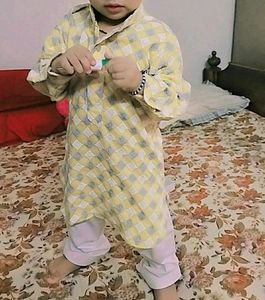 New Yellow Chikankari Punjabi/kurta For Baby, Kids With Collar And White Pants